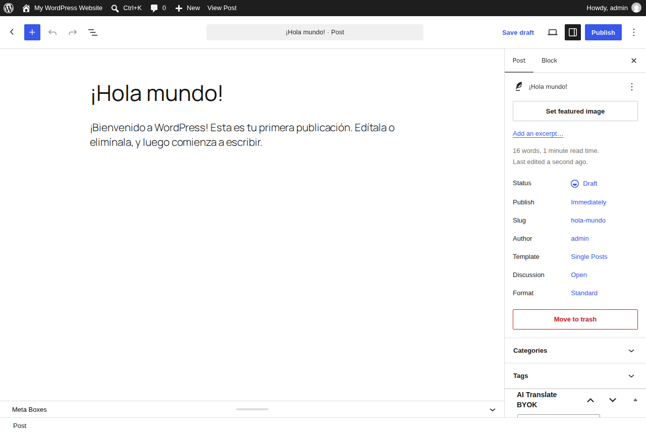 The translation created as a separate draft post, headings, links and block markup preserved, ready for review
