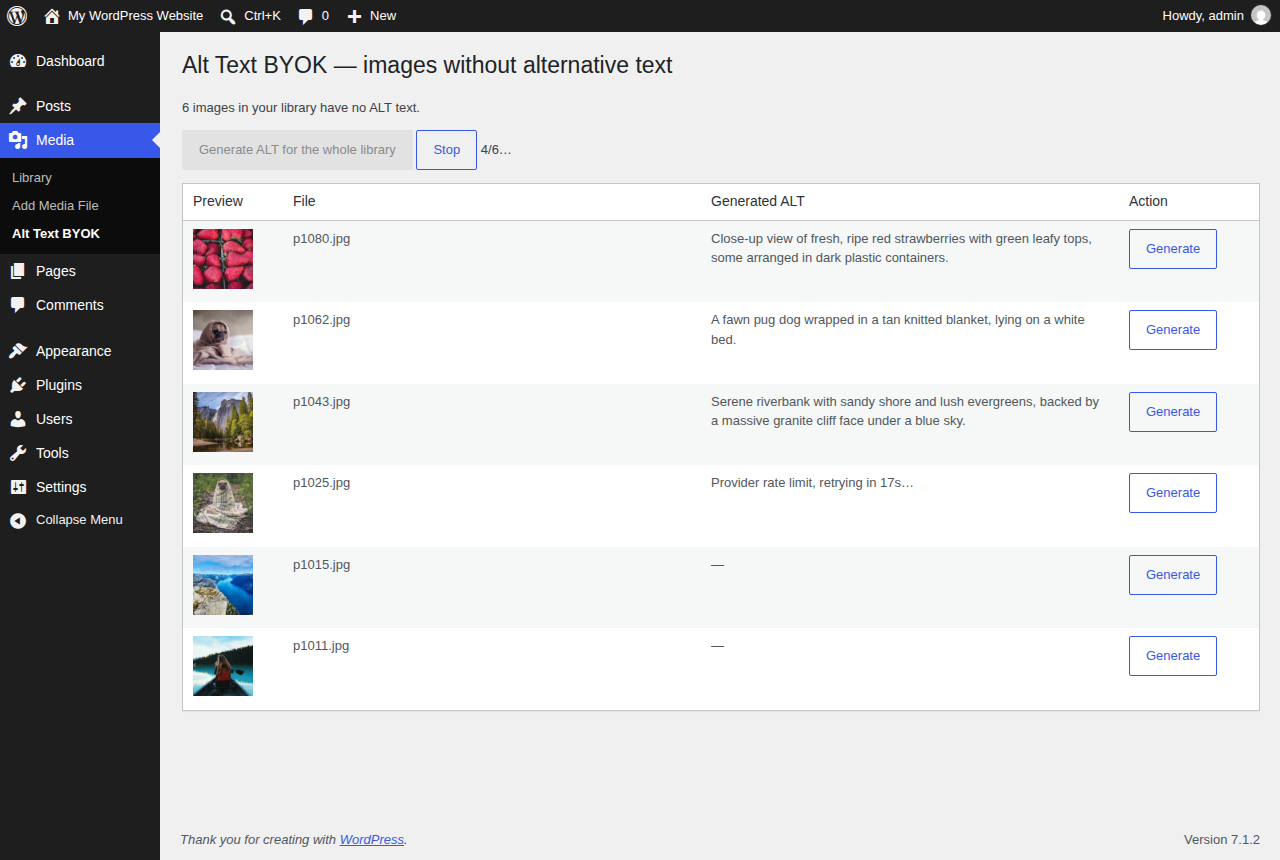 Bulk run in progress: ALT text generated for each image with Groq's free tier, rate limits waited out automatically