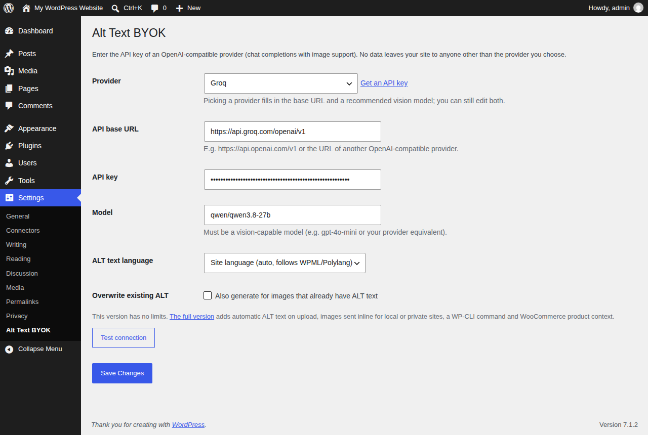 Alt Text BYOK settings: provider presets for OpenAI, Anthropic, Gemini, Groq, OpenRouter, Mistral and Ollama, API key field and ALT language