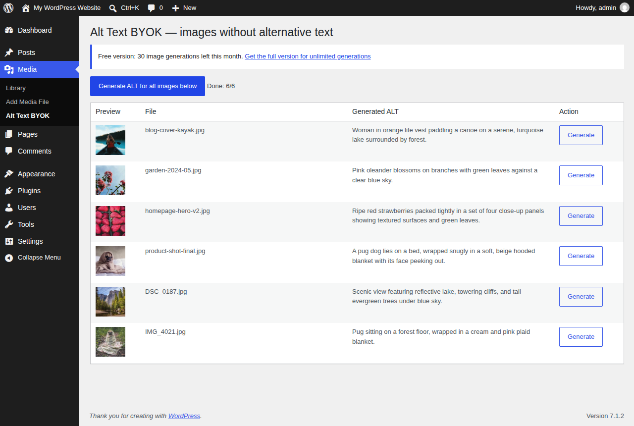 Alt Text BYOK in wp-admin: six Media Library images with their AI-generated ALT text after one bulk run
