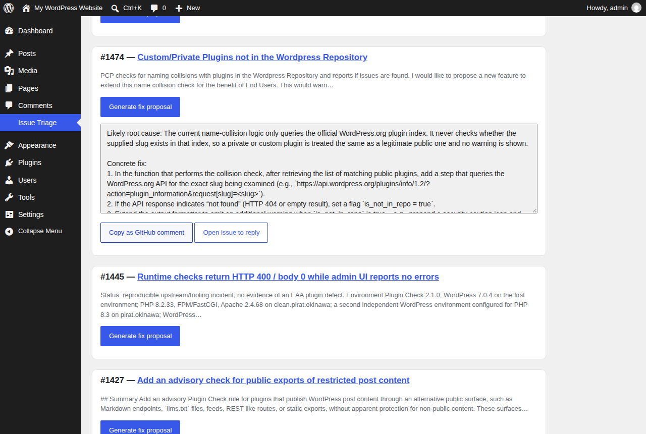 Issue Triage for GitHub: AI fix proposals for open issues in wp-admin