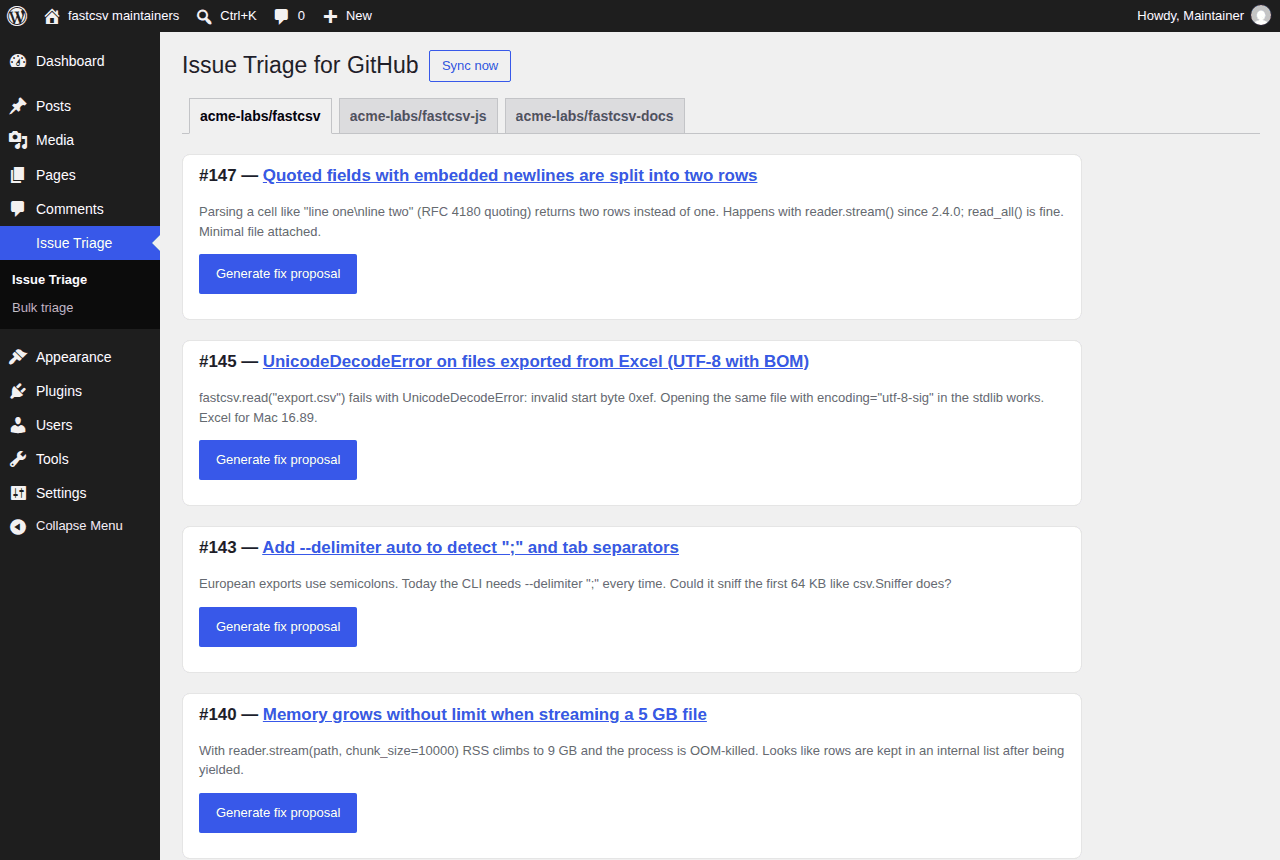 Issue Triage page in wp-admin: open GitHub issues of acme-labs/fastcsv listed as cards, with one tab per repository and a Generate fix proposal button on each issue
