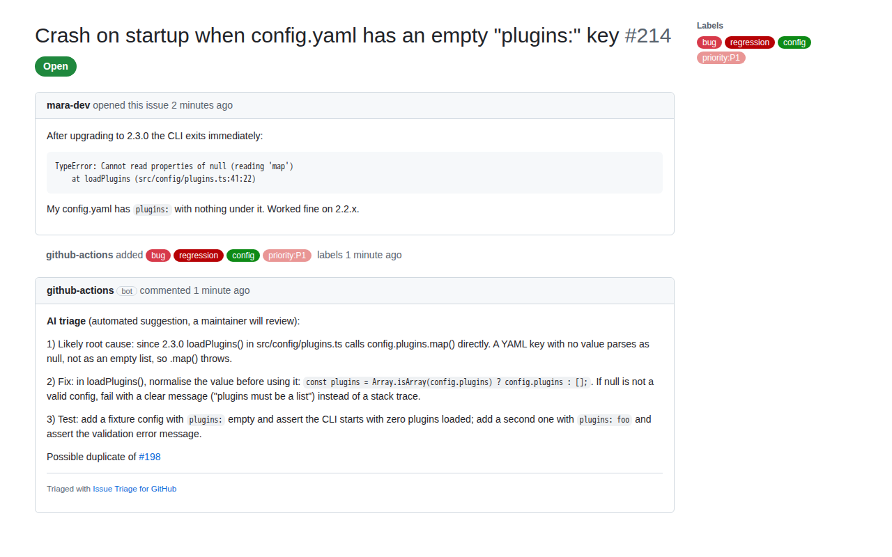 Pro: the same issue labeled bug, regression and config, priority:P1, and flagged as a possible duplicate