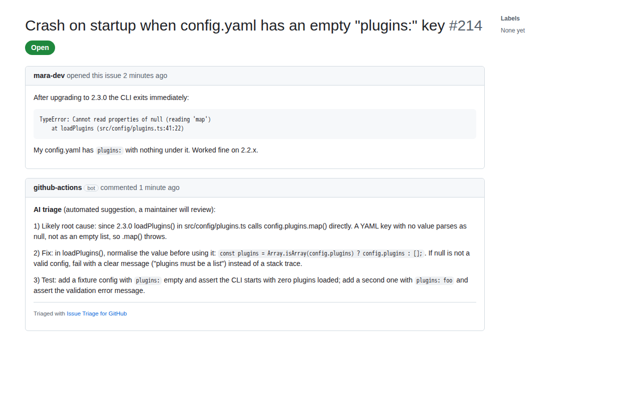 A new issue triaged by the action: likely cause, fix and test in one comment