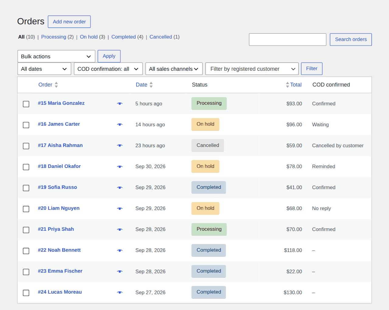 WooCommerce Orders list with the COD confirmed column added by Bulk Order Notifications for WA: orders marked Confirmed, Waiting, Reminded, No reply and Cancelled by customer, plus a COD confirmation filter